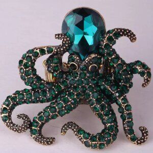 Emerald Green Crystal Octopus Statement Ring in Antique Gold Finish - 2"